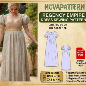 Può includere: Un cartamodello per abito stile Impero Regency di NOVAPATTERN. L'immagine mostra un abito finito con scollo quadrato e maniche a sbuffo, insieme a un disegno tecnico dell'abito. Include le taglie US da 0 a 30 e da XXS a 4XL in formato PDF.