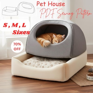 May include: A grey pet house with a domed top and a beige base. An orange cat is sleeping inside. The image includes the text "Pet House PDF Sewing Pattern" and "S, M, L Sizes".