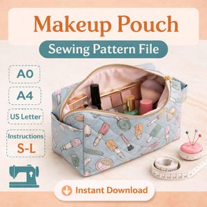 May include: A light blue quilted makeup pouch with a gold zipper, filled with makeup items. The pouch has a pattern of makeup tools. Text on the image reads "Makeup Pouch Sewing Pattern File" and "Instant Download".