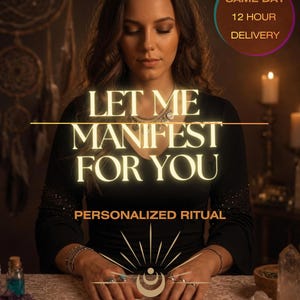 Puede incluir: Una persona con camisa negra de manga larga con las manos sobre una mesa con cartas del tarot. Texto: LET ME MANIFEST FOR YOU, PERSONALIZED RITUAL, SAME DAY 12 HOUR DELIVERY. Se ven una botella pequeña, cristales y una vela.