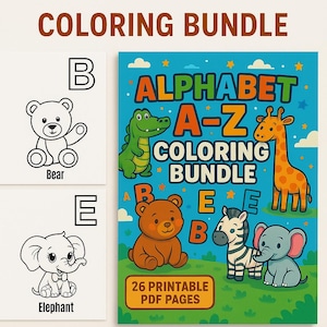 May include: A children's coloring bundle with an alphabet theme. The cover reads "ALPHABET A-Z COLORING BUNDLE" and features a crocodile, giraffe, bear, zebra, and elephant. Additional pages show a bear and elephant with the letters B and E.