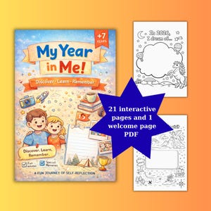 May include: A colourful children's activity book titled "My Year in Me!" with the text "Discover. Learn. Remember." The cover features illustrations of children, a camera, a rocket, and other objects. Includes 21 interactive pages and a welcome page.