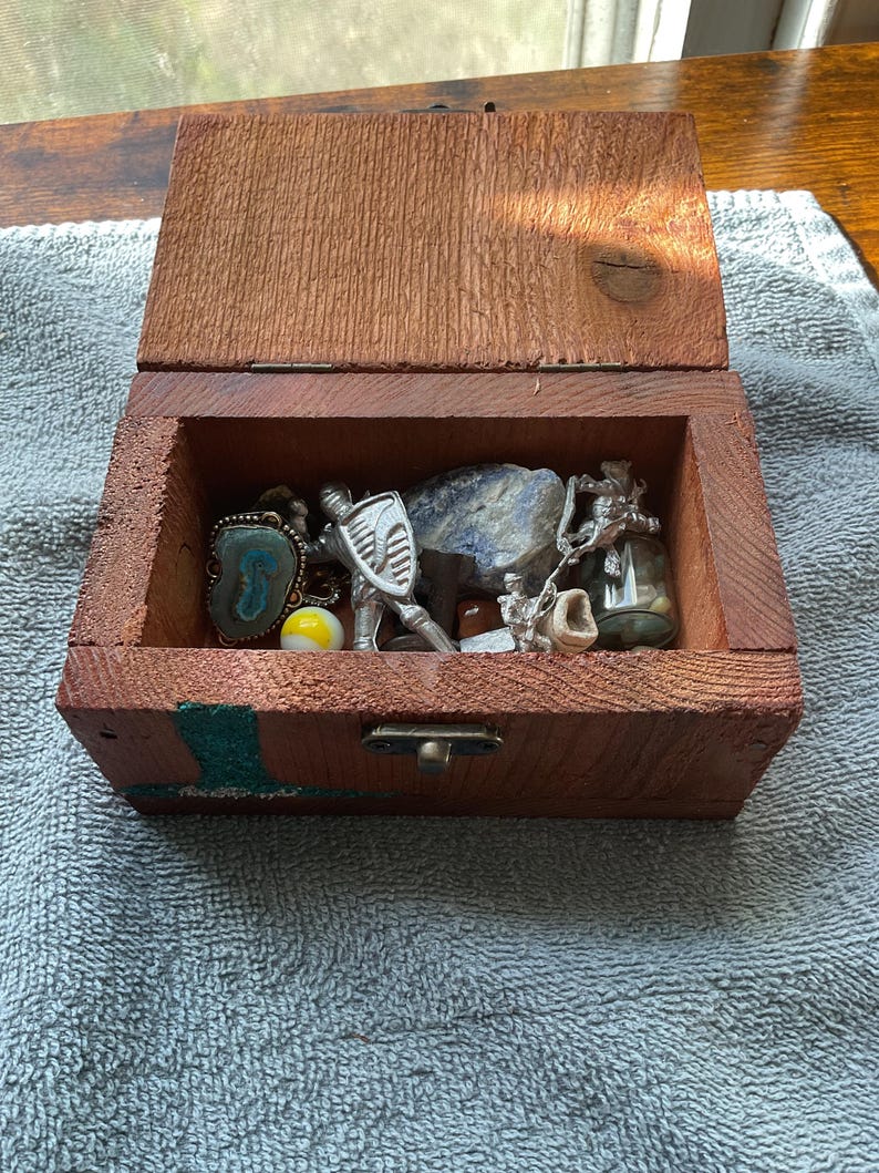 Handmade Treasure chest. Mountain Waterfall Scene, Gemstone Inlay. Filled with real authentic treasure. image 7