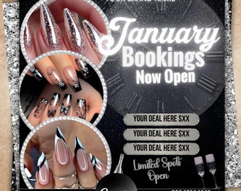 January Booking Flyer: New Years, Appointment, Hair Lash wig Nail Book Now (Canva Template)