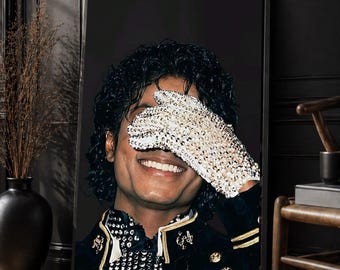 May include: Framed portrait of a smiling person wearing a black jacket with gold accents and a sequined glove covering one eye. The portrait is in a black frame, with a dark background.