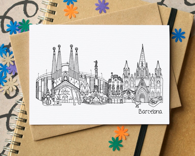 May include: Black and white line drawing illustration of the Barcelona skyline featuring the Sagrada Familia, Park G&uuml;ell, and other iconic landmarks. The text "Barcelona" is at the bottom of the image.