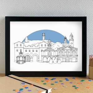 May include: A black and white line drawing of a city skyline with a blue sky background. The skyline features buildings with arched doorways and a tall tower.
