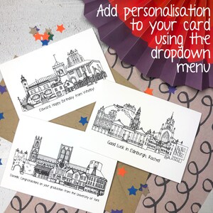 May include: Three black and white illustrated cards with cityscapes. The first card says "Edward, Happy Birthday from Whitby!" The second card says "Danielle, Congratulations on your graduation from the University of York." The third card says "Good Luck in Edinburgh, Rachel!"