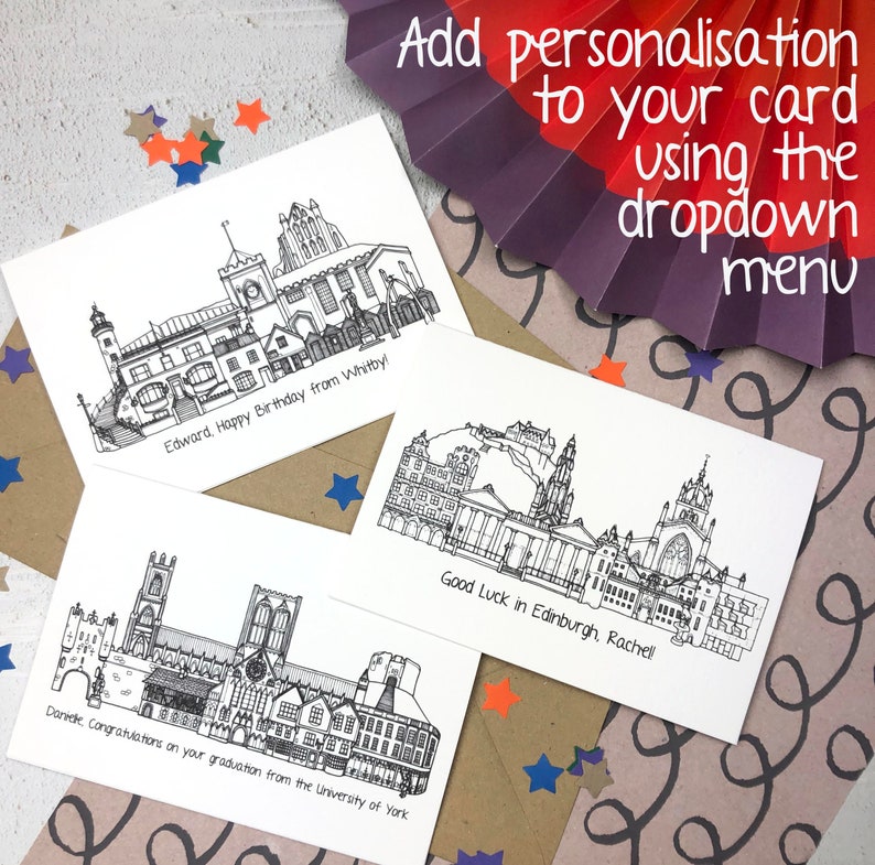 May include: Three black and white illustrated cards with cityscapes. The first card says "Edward, Happy Birthday from Whitby!" The second card says "Danielle, Congratulations on your graduation from the University of York." The third card says "Good Luck in Edinburgh, Rachel!"