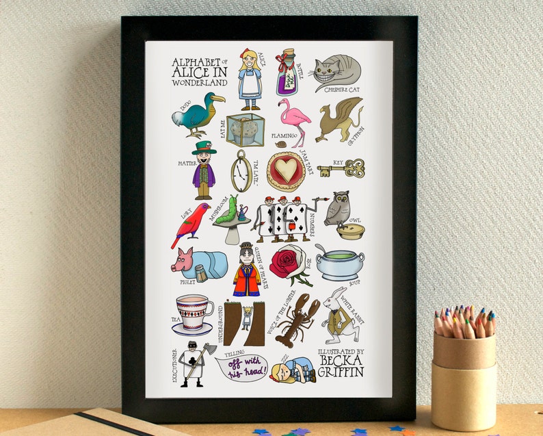 A colourful art print in a black frame. The print has a little drawing for each letter of the alphabet, arranged in a grid format, each with the theme of Alice in Wonderland. Images include Alice, Cheshire Cat, the Hatter and White Rabbit.