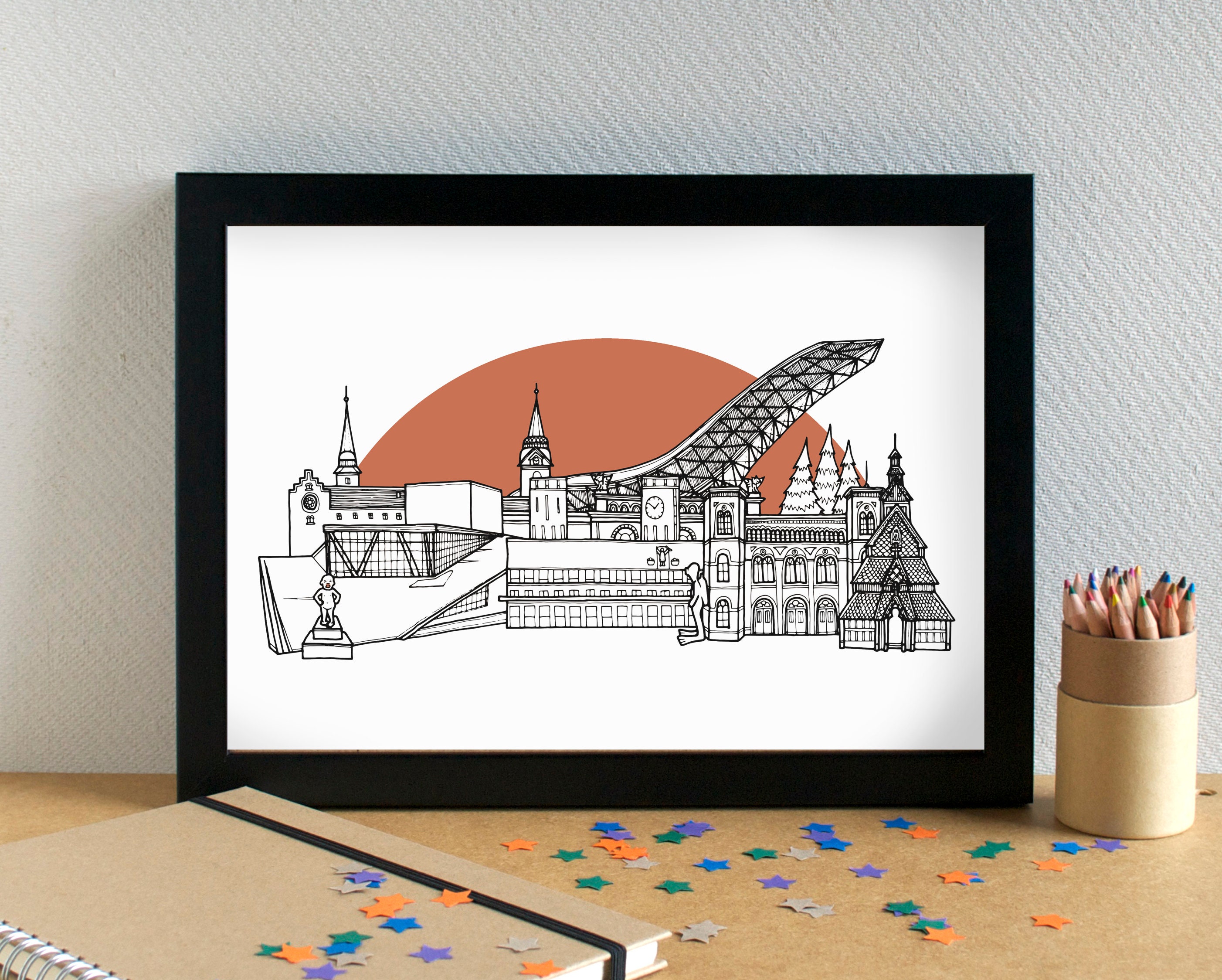 minimalist oslo skyline red and pink color block | Poster