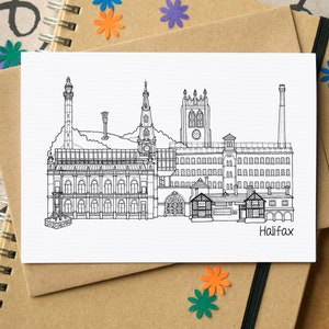 May include: A black and white line drawing of the Halifax skyline, featuring several buildings, including a tall tower, a church, and a factory. The drawing is on a white background and includes the word "Halifax" at the bottom.