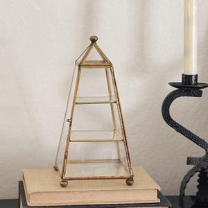 9.5&quot; Tall Vintage Geometric Shaped Brass and Glass Curio Display Shelf