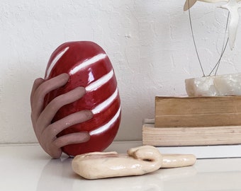 Handmade Hand Red Apple Ceramic Abstract Sculpture 3D - Studio Pottery