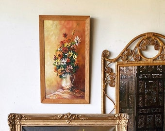 Vintage Floral Bouquet Acrylic Painting on Brown Wood Frame