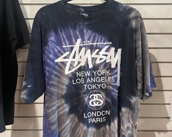 Vintage Stüssy Black Blue Tie Dye Logo T-Shirt / 80s 90s 2000s Graphic Tee