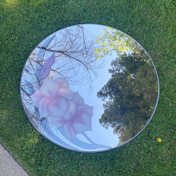 Signed David Marshall Purple Floral Frosted 3D Round Mirror - Post Modern Art Deco Revival 1980s Wall Art