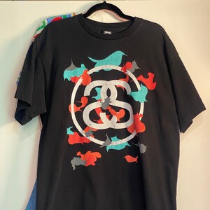 RARE Vintage Stüssy Double S Birds Graphic Black T-Shirt / 80s 90s 2000s Graphic Tee