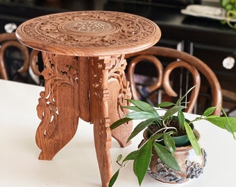 Teak Wood 12" Carved Round Top Table / Plant Stand / Foldable Collapsible