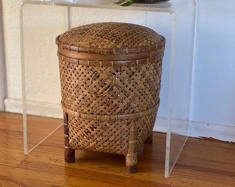 Large Round Woven Rattan Basket / Wastebasket / Vessel / Planter with Lid