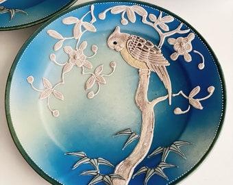 Vintage Bird Parrot Japanese Porcelain Ceramic Plate / Dish - Set of Two