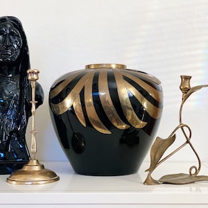 Vintage Art Deco Style Black Porcelain Orb Vase with Brass Design