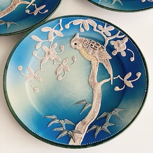 Vintage Bird Parrot Japanese Porcelain Ceramic Plate / Dish - Set of Two