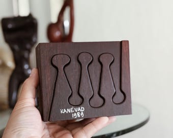 Vintage 1989 Swedish Dark Brown Wooden Puzzle Bookends by Gunnar Kanevad
