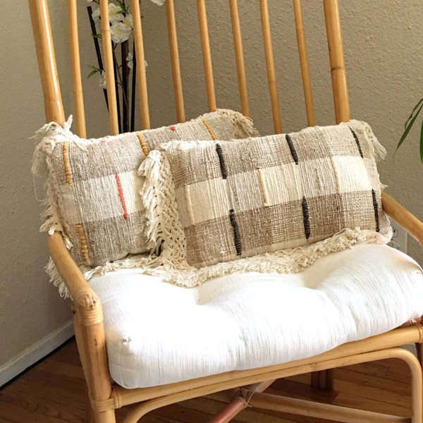 RESERVED---Vintage Loom Woven Throw Pillows with Crochet Fringe