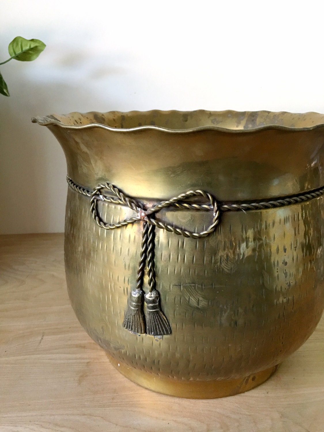 Large Vintage Brass Planter with Ornate Bow