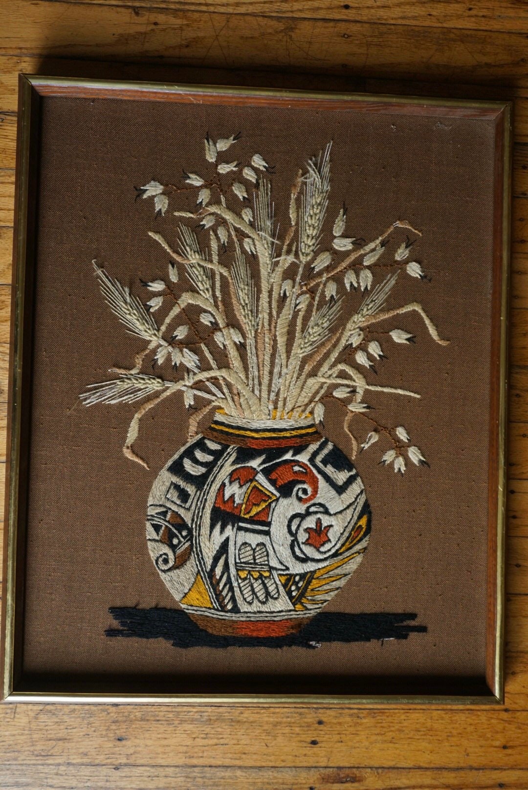 Large Vintage Crewel Wall Art of Native American Pueblo