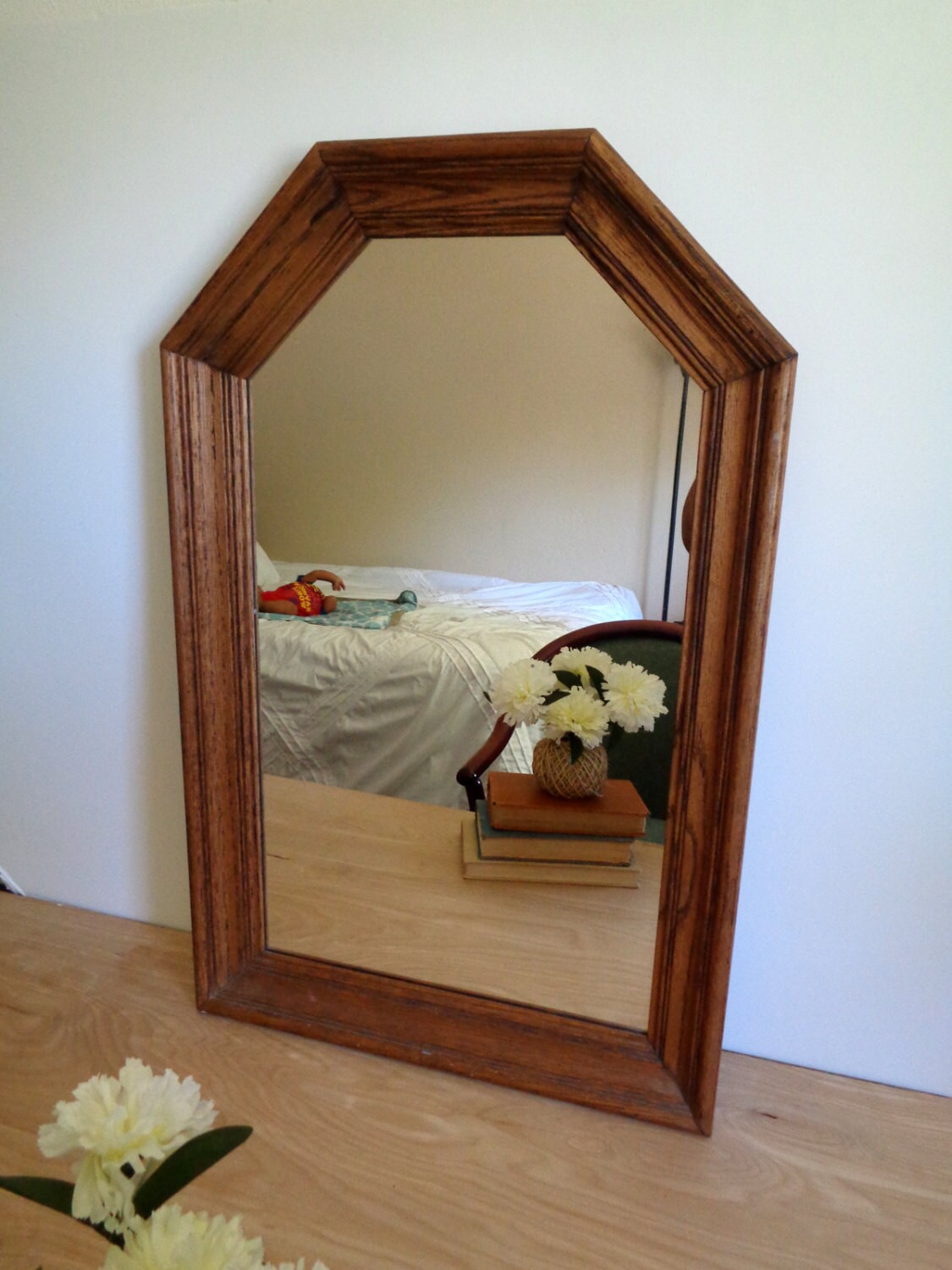 Large Vintage Geometric Mirror with Wood Beveled Frame