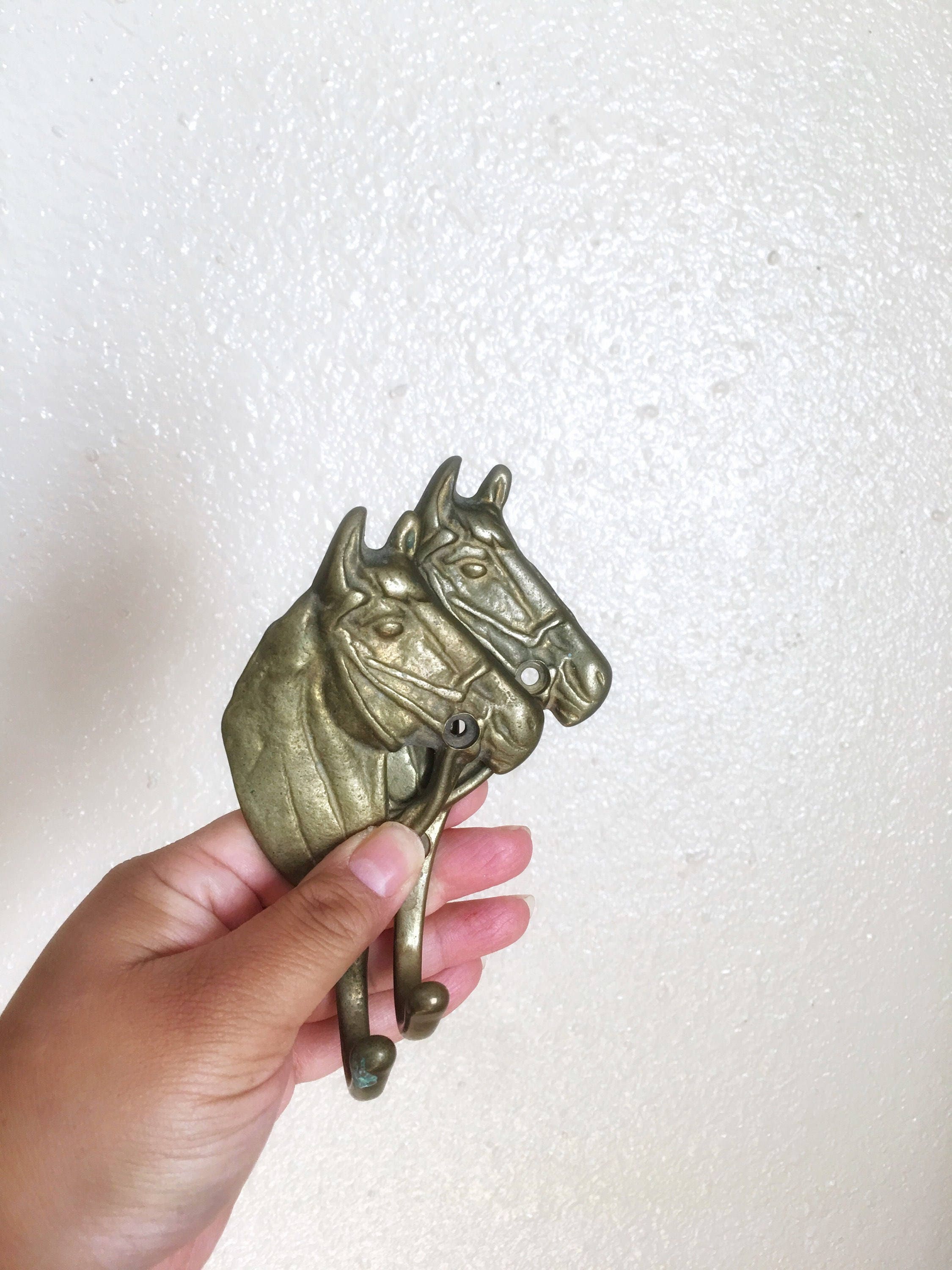Vintage Solid Brass Horse Hooks Pair of two
