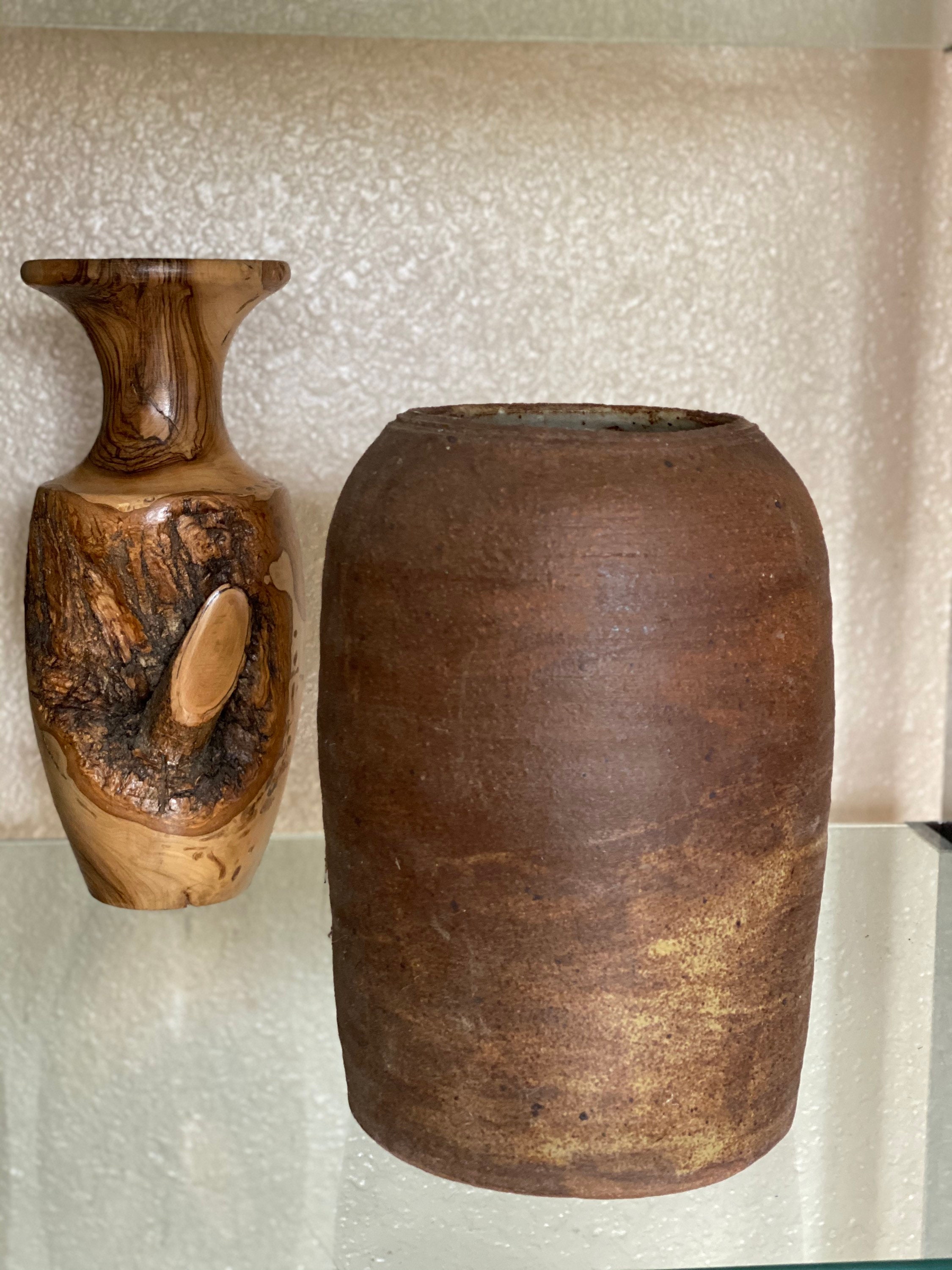 Tall Vintage Textured Brown Ceramic Flower Vase / Vessel / Planter Pot