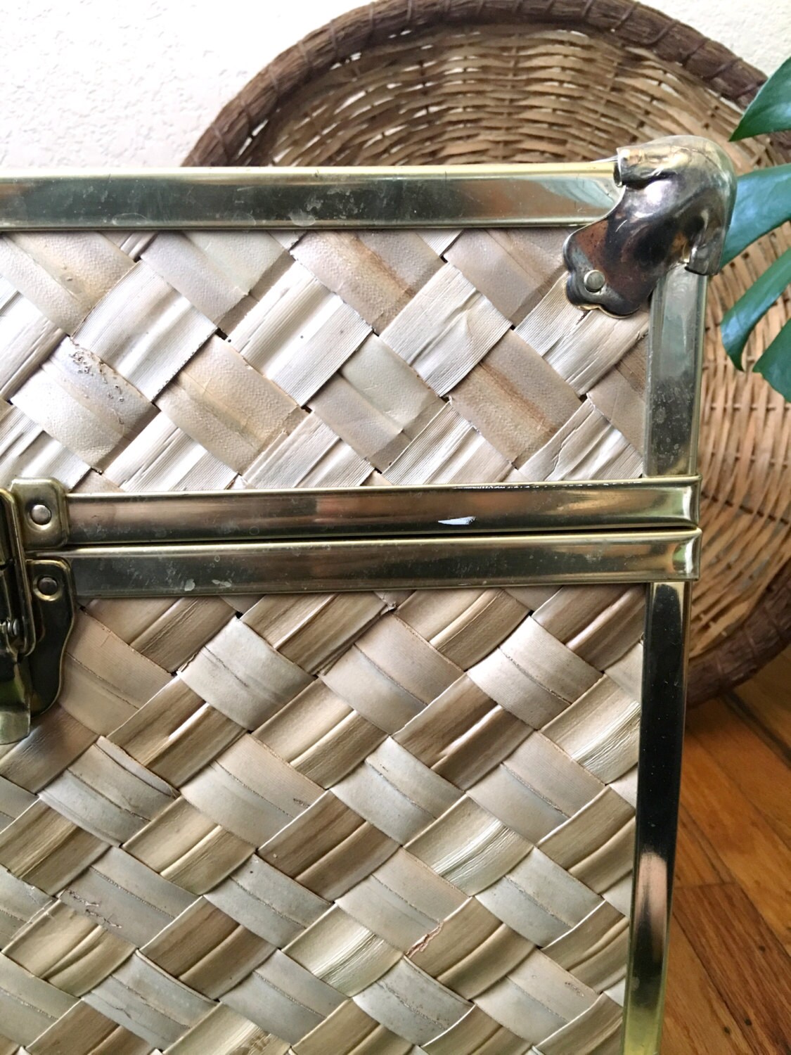 Vintage Gold Metal Brass Woven Wicker Rattan Campaign ...