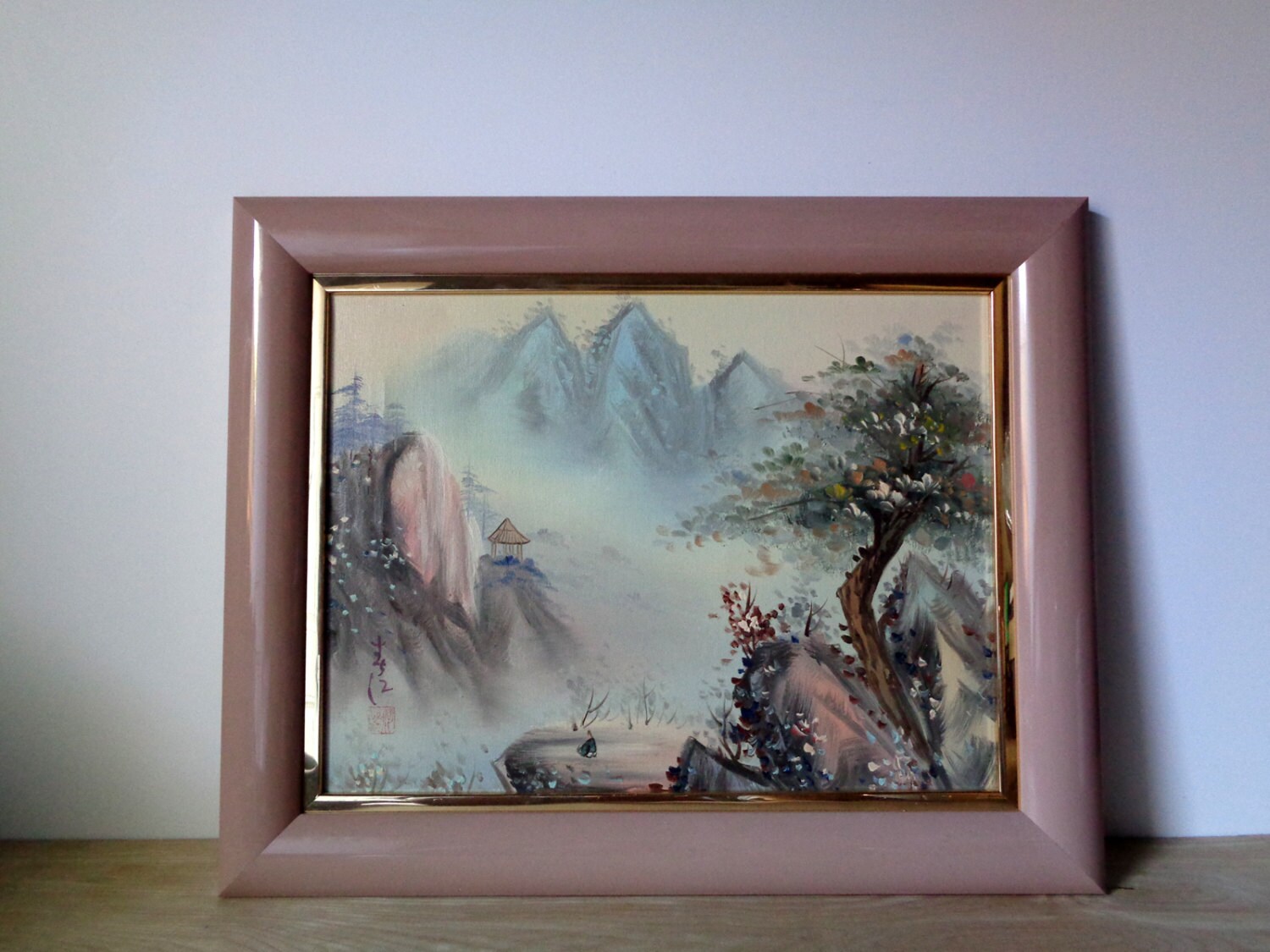 Large Framed Original Art Painting of Asian Chinese Mountainous