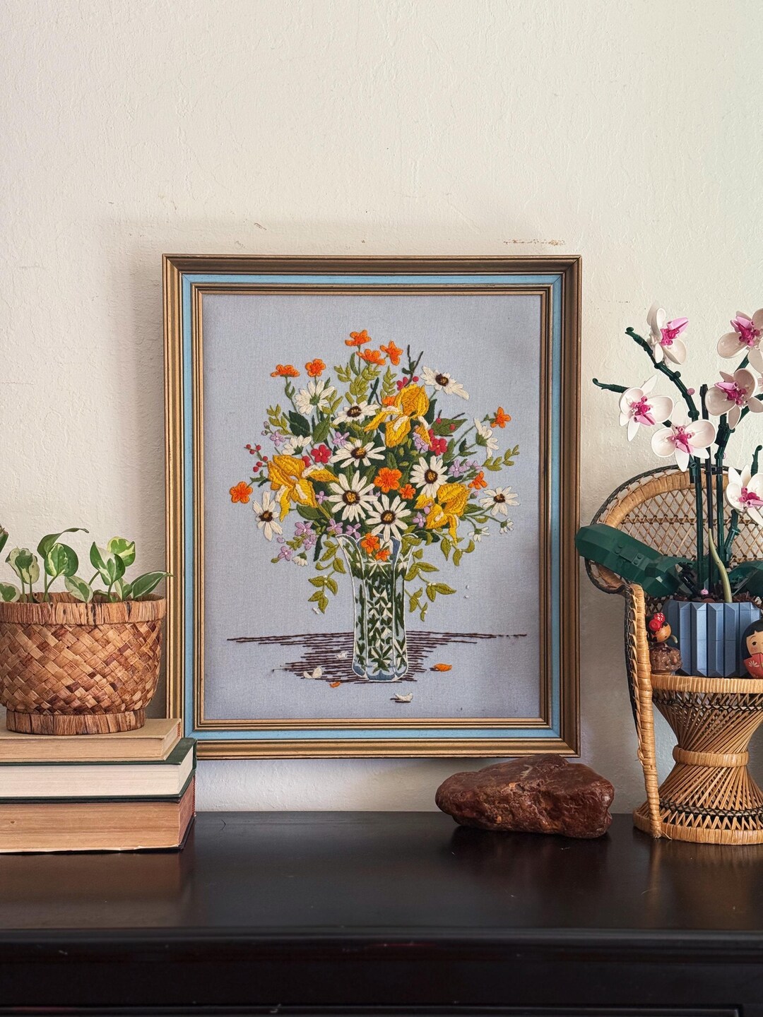 Large 1985 Mixed Floral Bouquet Crewel Framed Wall Art - 23x19 - Etsy