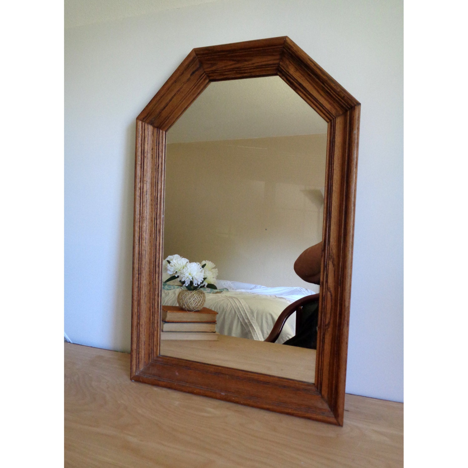 Large Vintage Geometric Mirror with Wood Beveled Frame