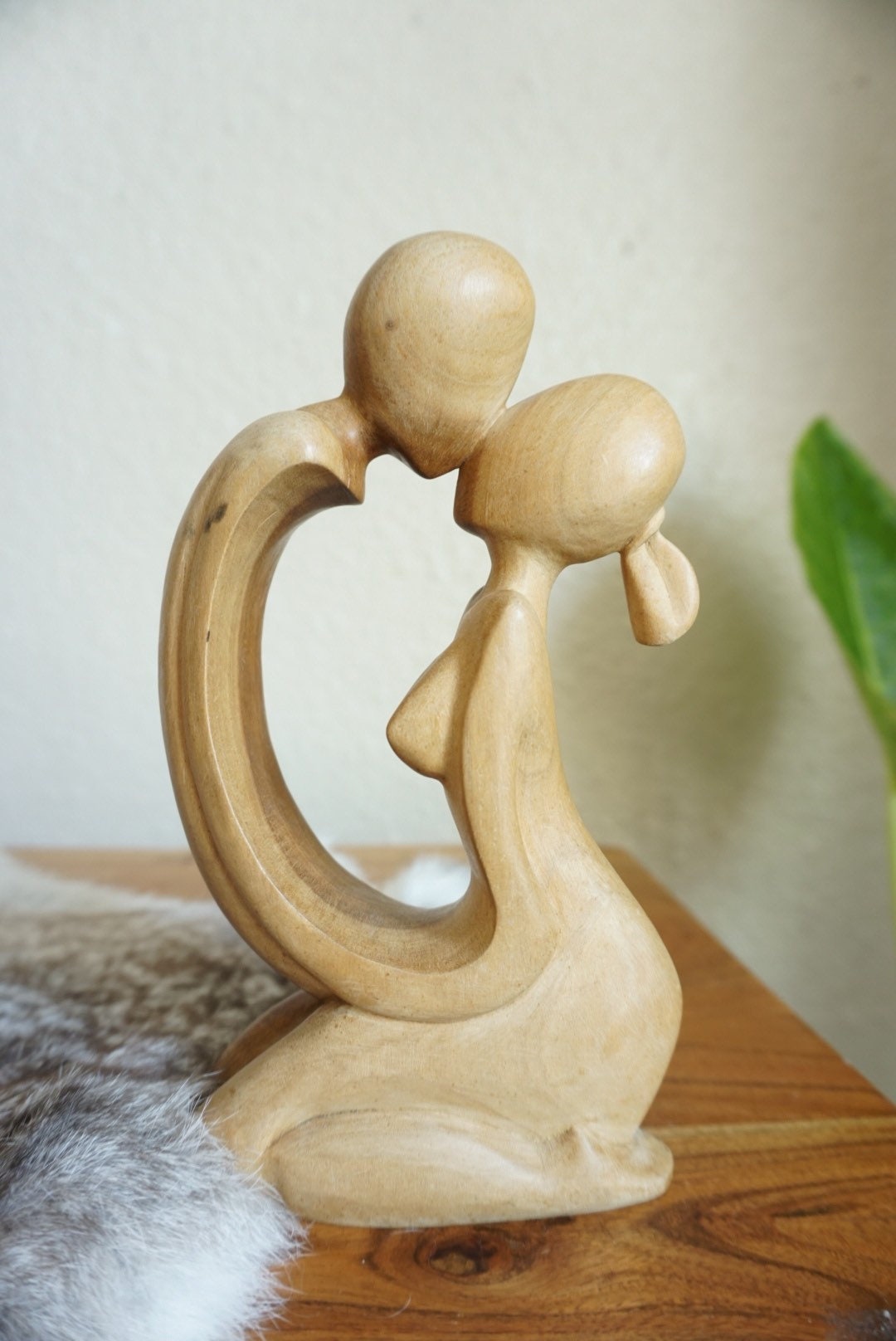 Vintage Carved Wooden Kissing Couple Sculpture