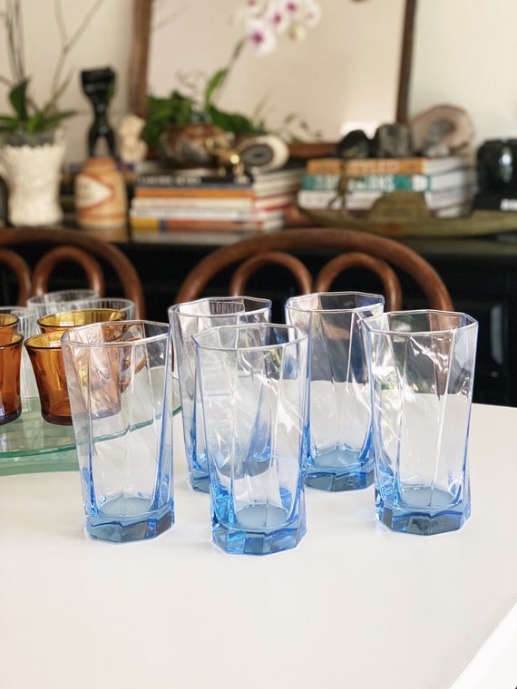 Vintage Light Blue Swirled Octagonal Tallboy Glass Cups Set of 4 