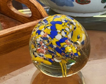 Murano Style Glass Yellow Blue Bubble Suspension Round Orb / Paperweight / Blown Glass Sculpture