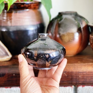 Vintage 1987 Glazed Ceramic Bud Vase: Black & Rust Brown Pottery