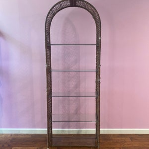 Tall Arched Vintage Woven Wicker and Glass Etagere