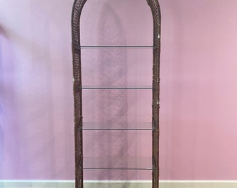 Tall Arched Vintage Woven Wicker and Glass Etagere