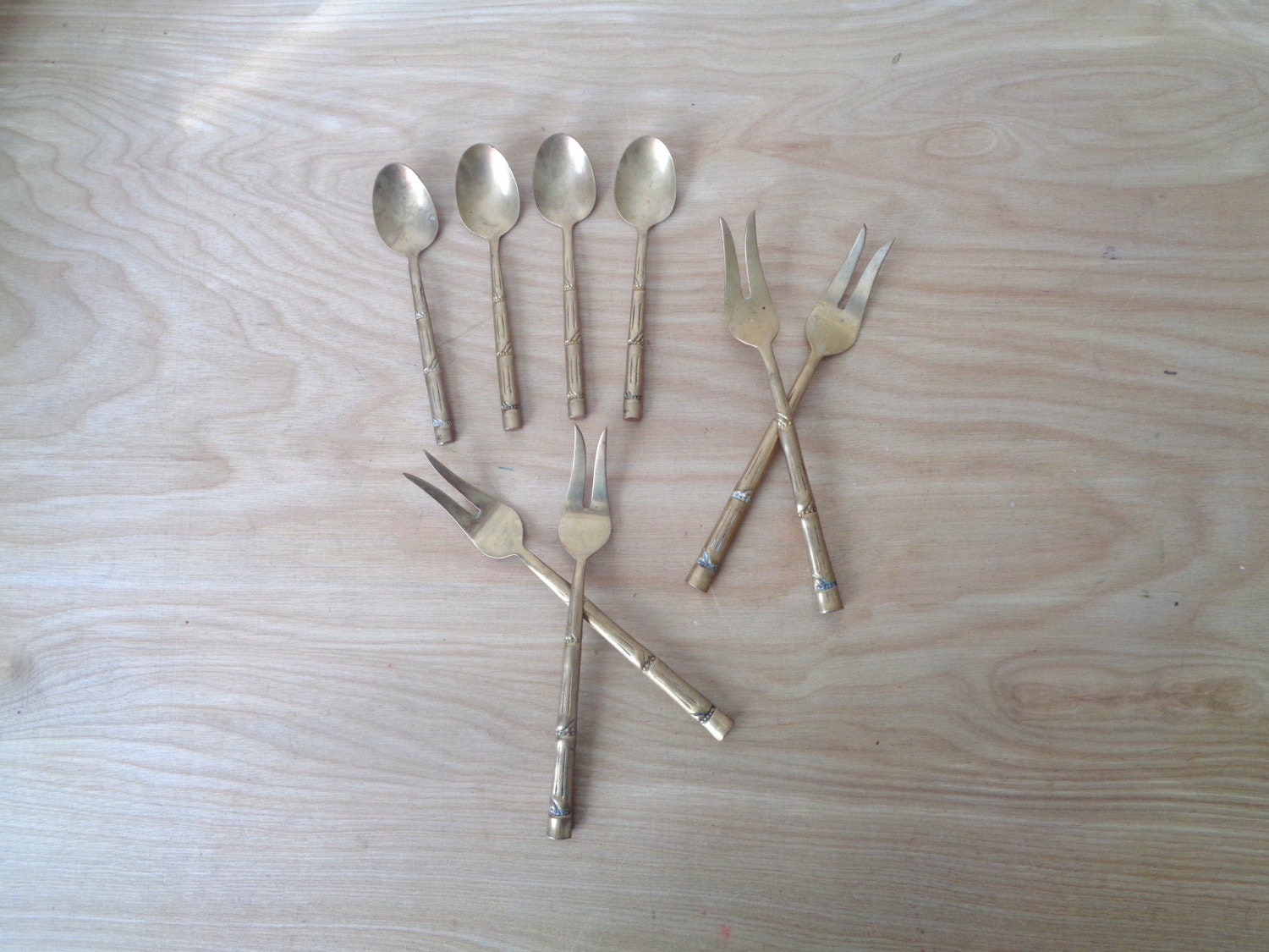 Solid Brass Forks and Spoons with Bamboo Handles Set of 8 Vintage
