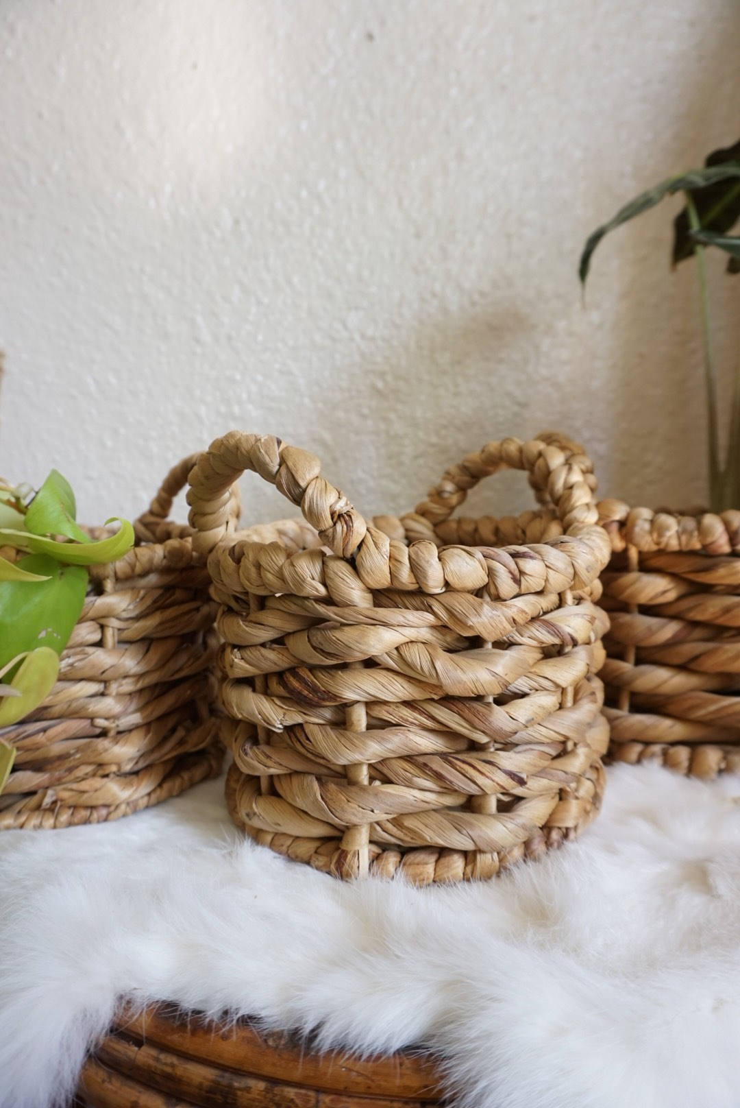 Thick Woven Straw Coiled Basket with Handles