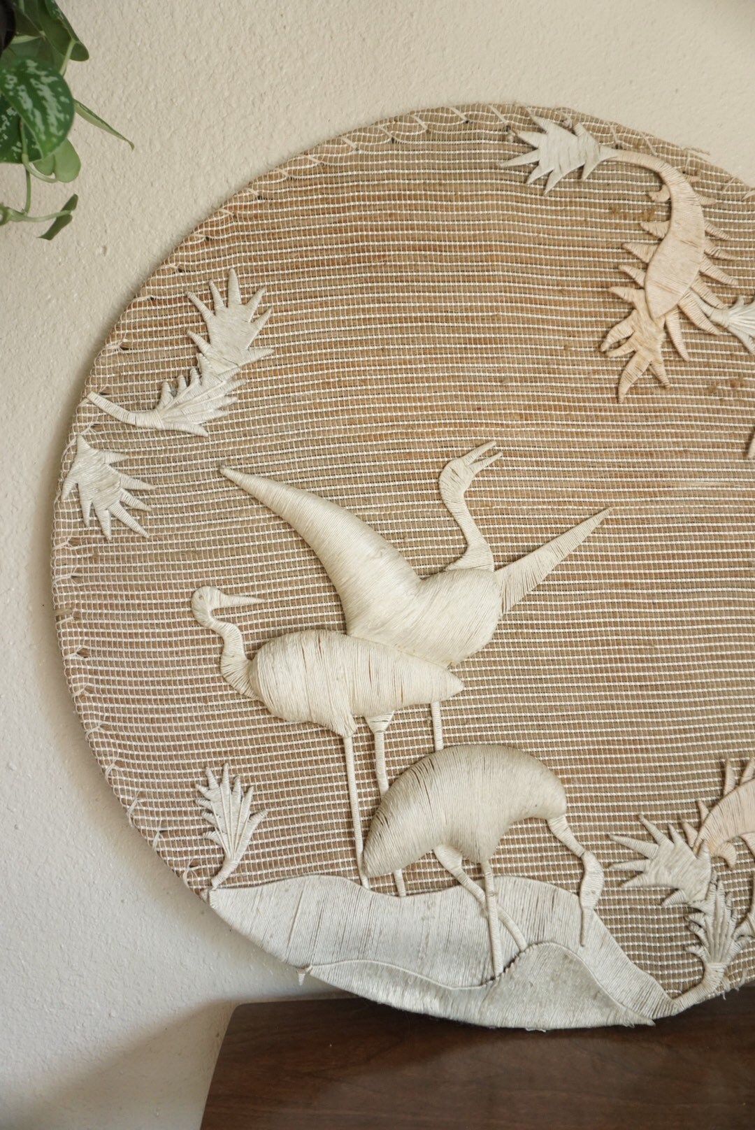 Vintage Birds Round Woven Wall Hanging Textile Fiber Art Don