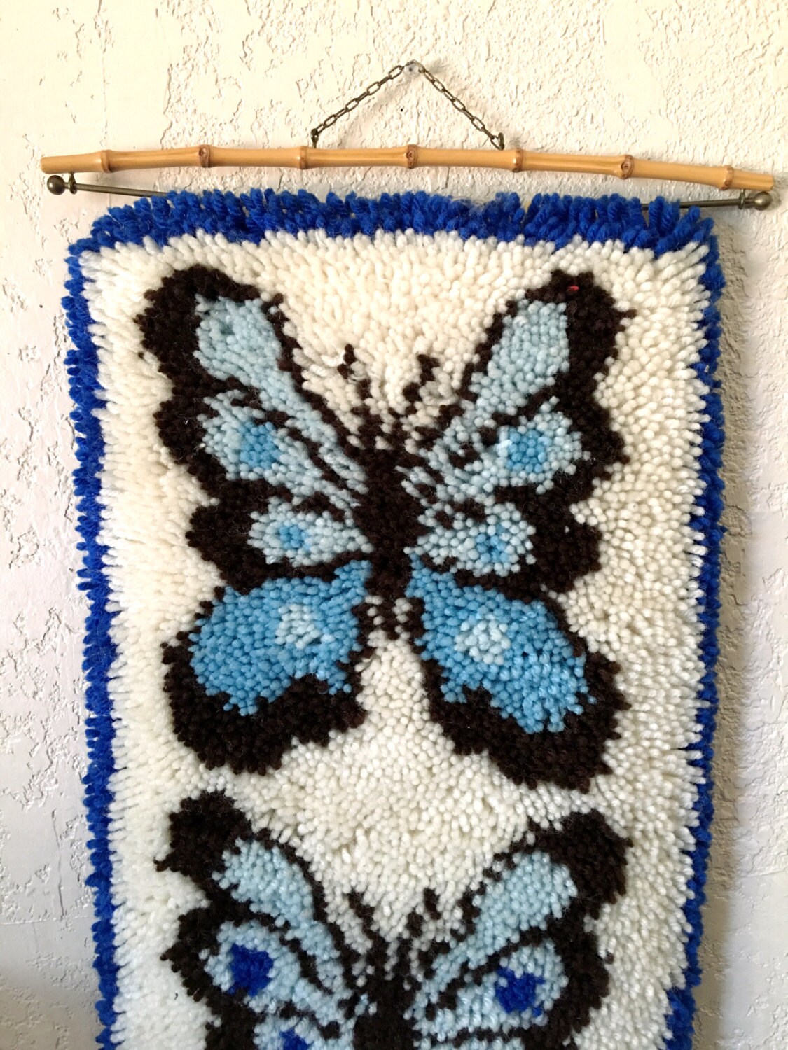 Long Vintage Butterfly Latch Hook Rug / Wall Hanging / Tapestry