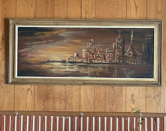 Framed WL Frazier Cityscape Painting, 1969, 53" x 23"