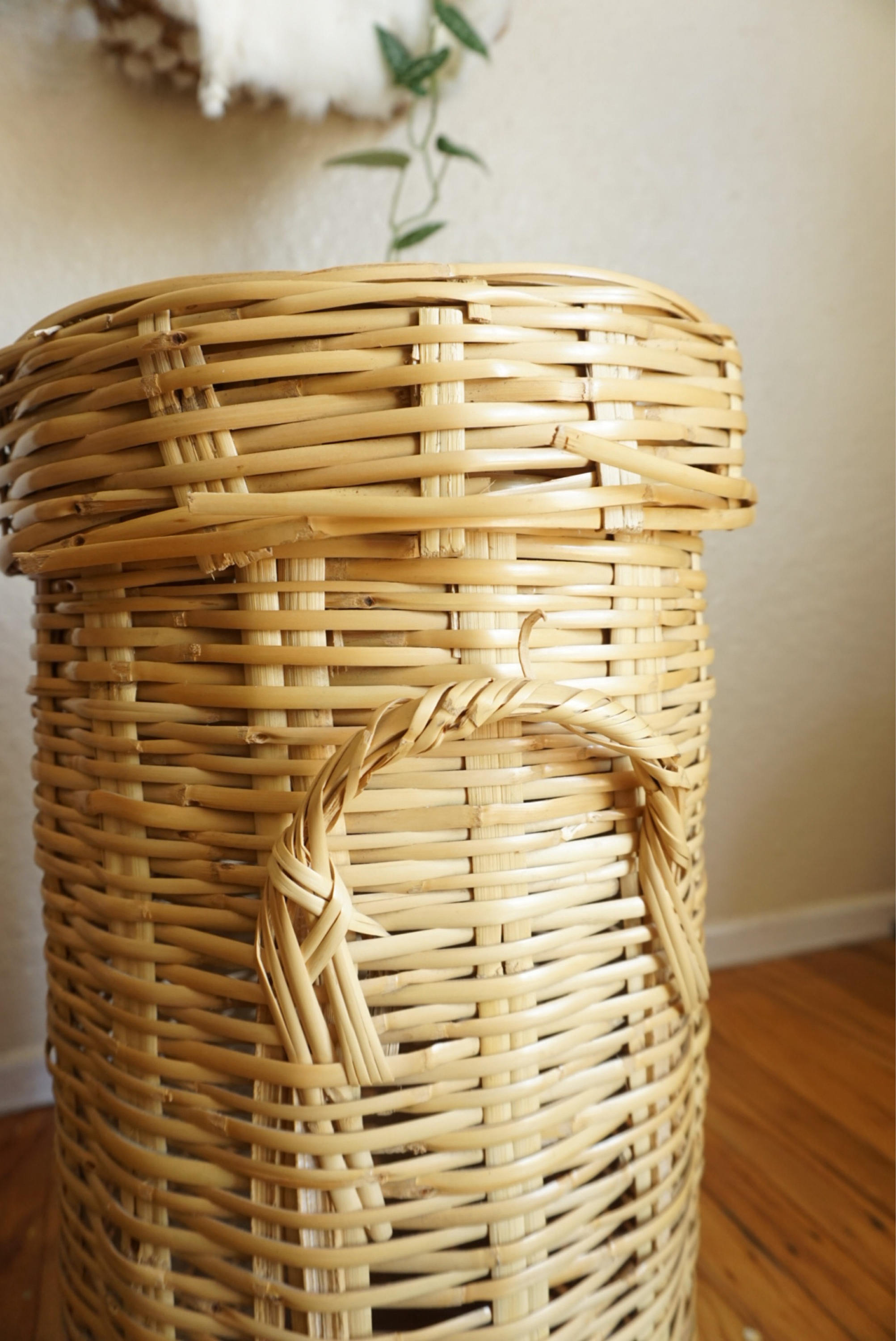 Tall Beige Wicker Basket / Hamper with Lid and Handles